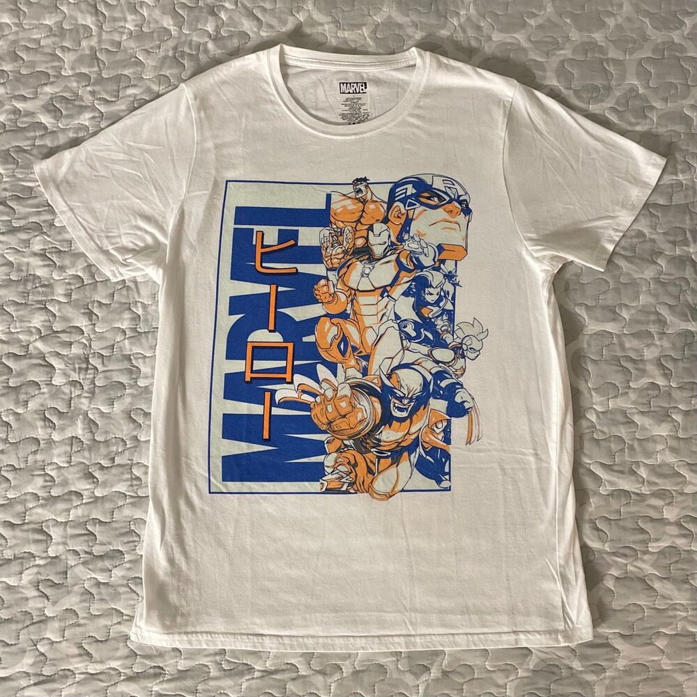 [Size Large] Marvel Graphic T Shirt Captain America Iron Man Hulk - White / Blue